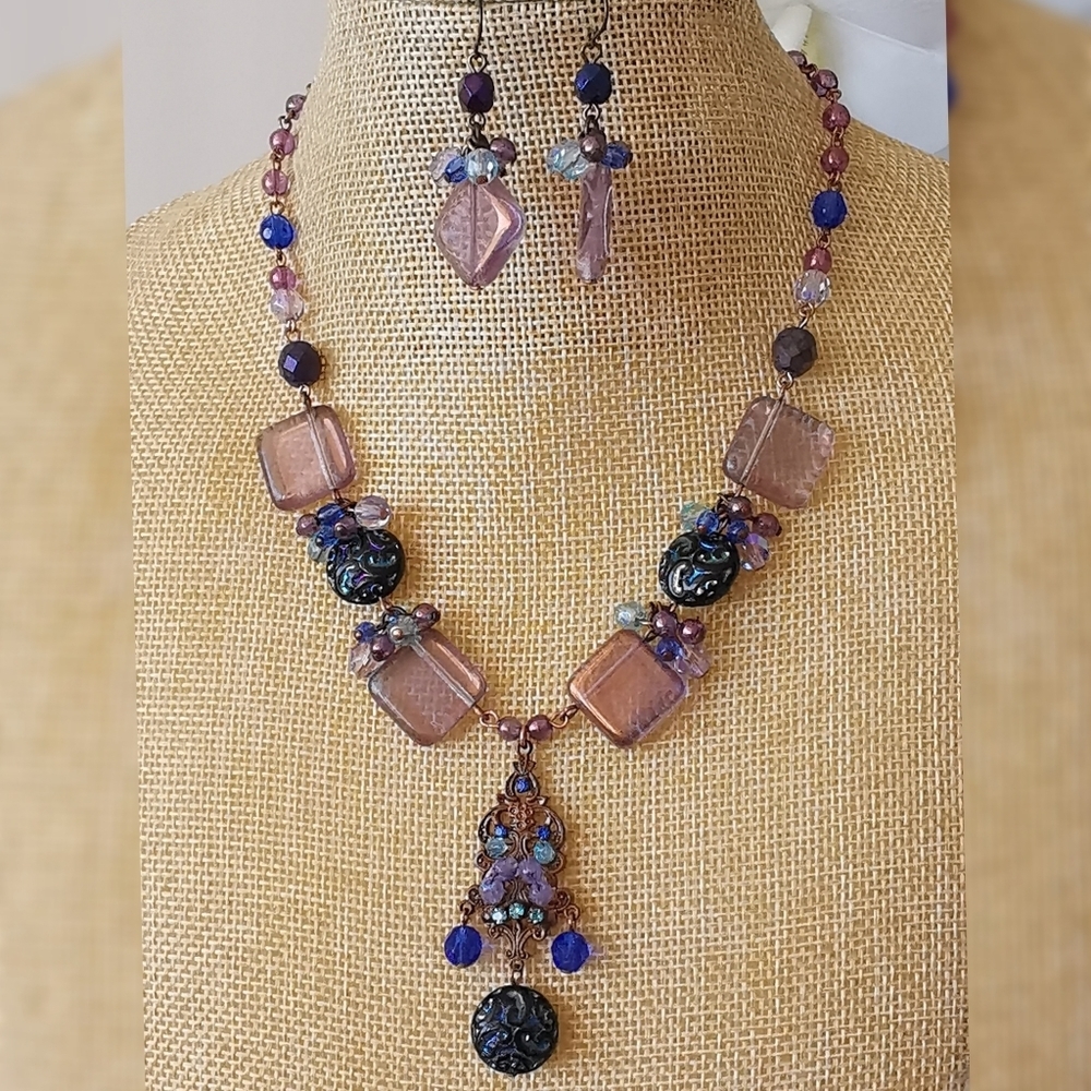 VINTAGE Czech crystal  beaded necklace earring set, Purple Blue